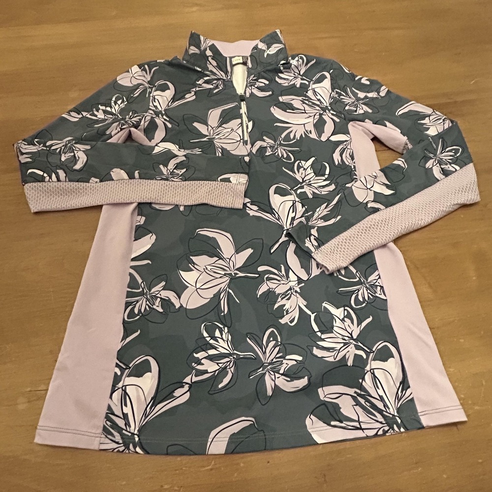 KJUS Pullover Womens Small Green Floral Quarter Zip Golf UPF 50 Long Sleeve
